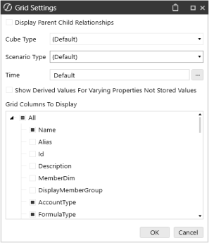 The Grid Settings dialog box includes check boxes, drop-down menus, and fields to select to update what displays on the grid. There are two rectangular blue buttons in the lower right for OK and Cancel.